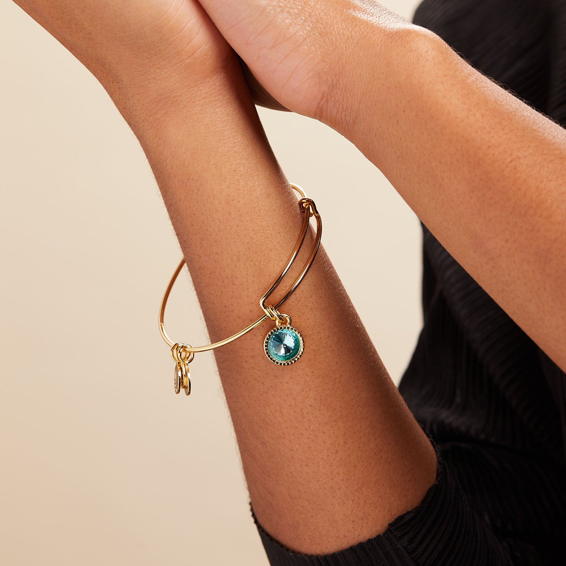 March Birthstone Aquamarine Crystal Charm Bangle
