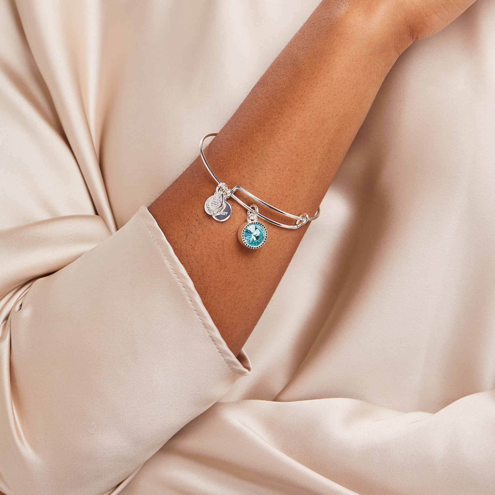 March Birthstone Aquamarine Crystal Charm Bangle