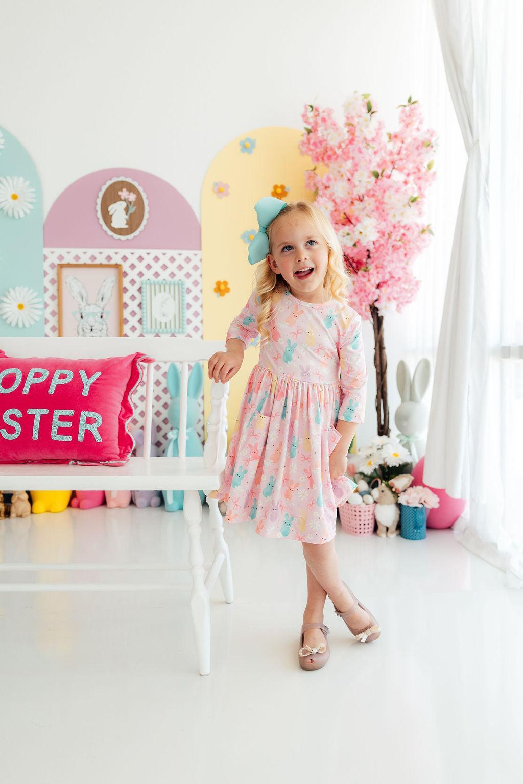 Preppy Peeps 3/4 Sleeve Toddler Twirl Dress in Pink Bunny Print - Image 2