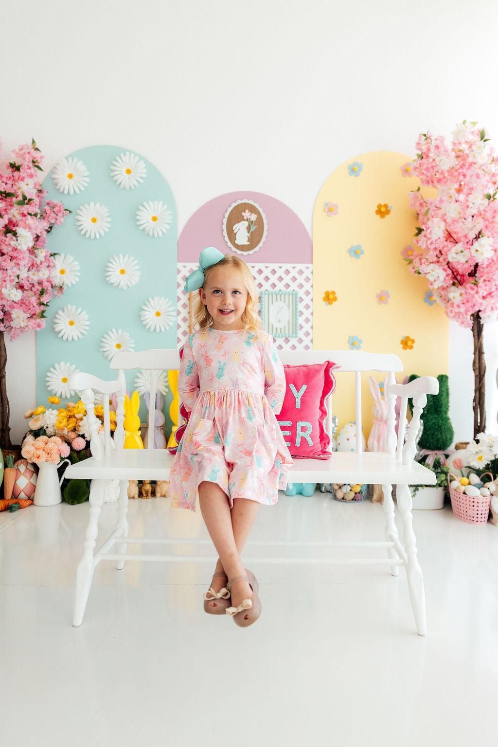 Preppy Peeps 3/4 Sleeve Toddler Twirl Dress in Pink Bunny Print - Image 3