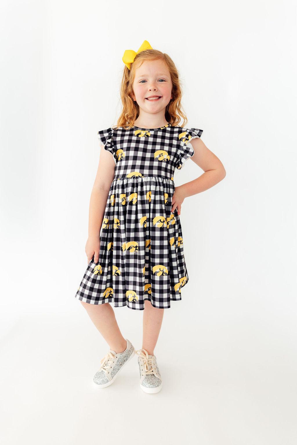 Iowa Plaid Tigerhawk Flutter Twirl Dress Black and Gold - Image 4