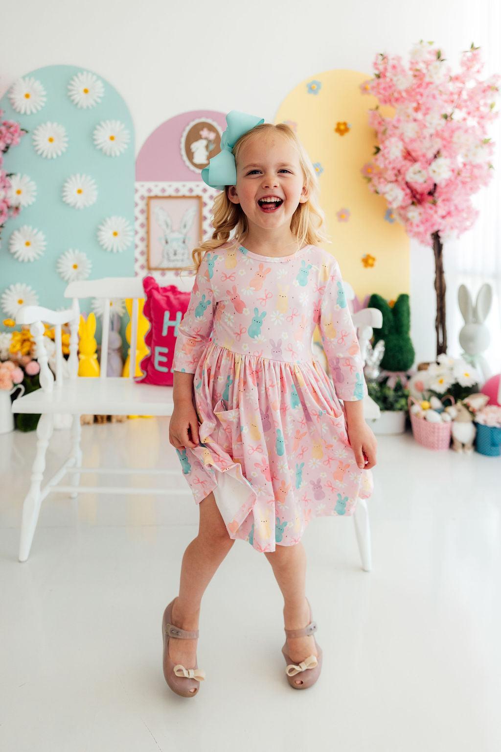 Preppy Peeps 3/4 Sleeve Toddler Twirl Dress in Pink Bunny Print - Image 4