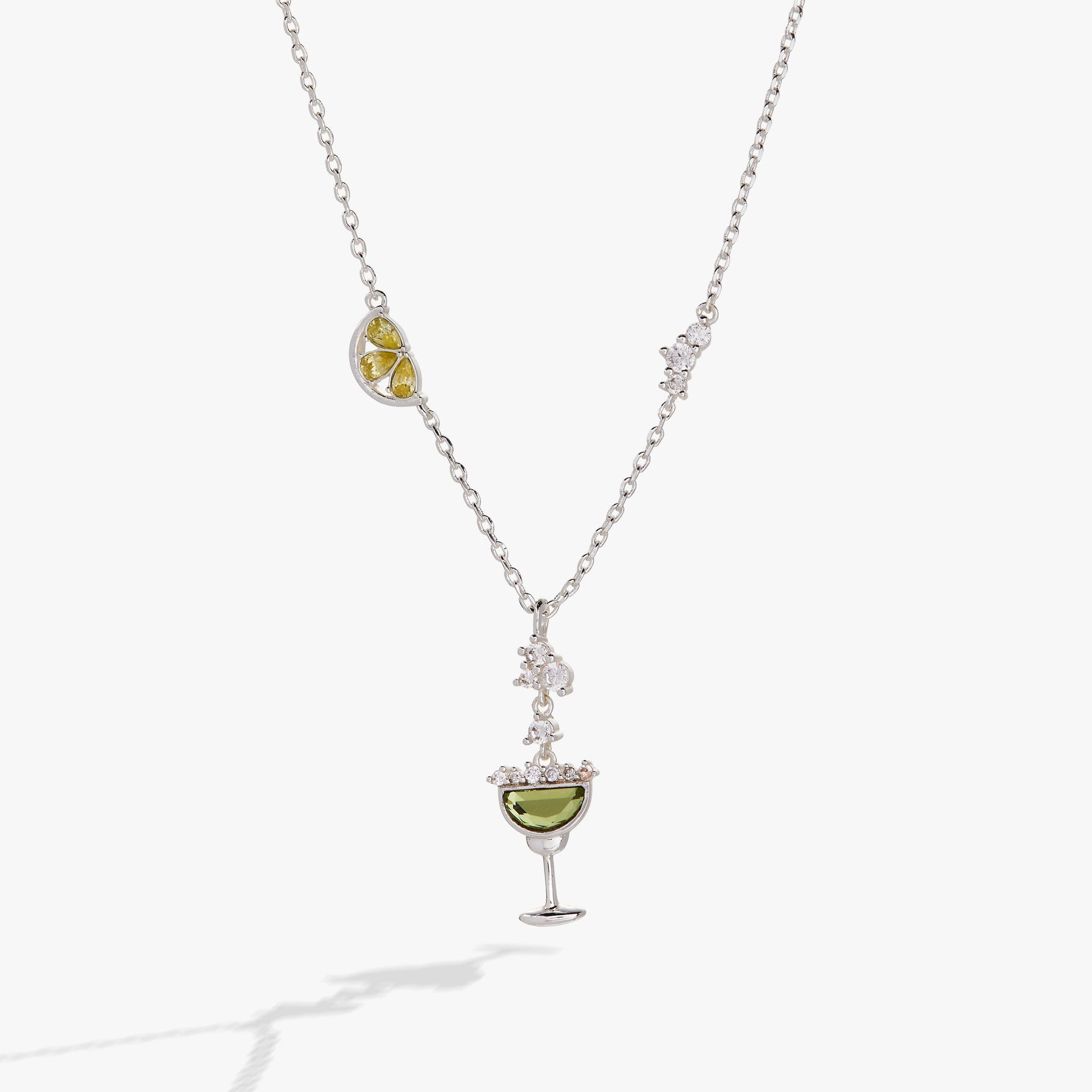 Silver tone margarita necklace with green lime and yellow crystal accents