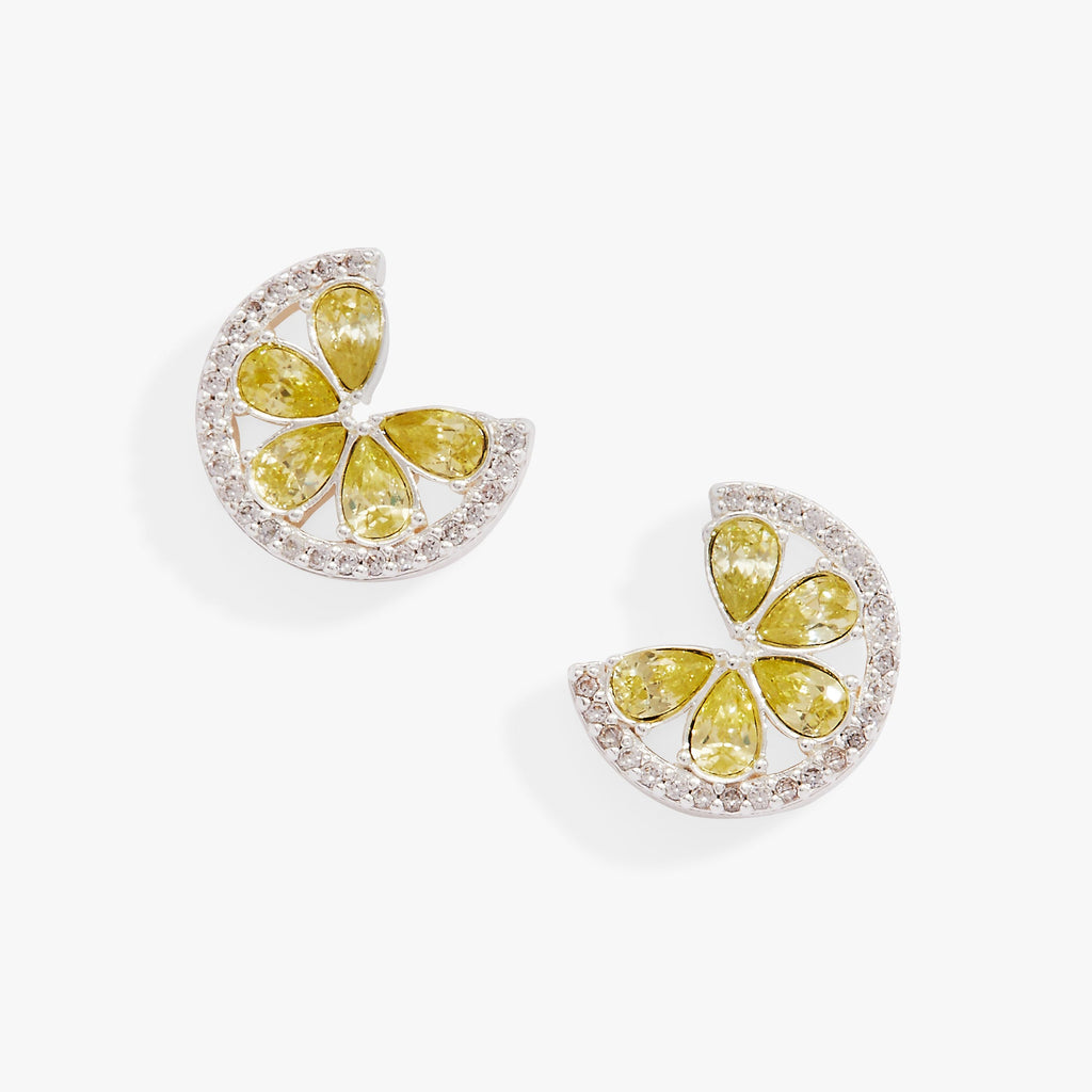 Whimsical lime-shaped stud earrings with light green and clear crystals in silver tone