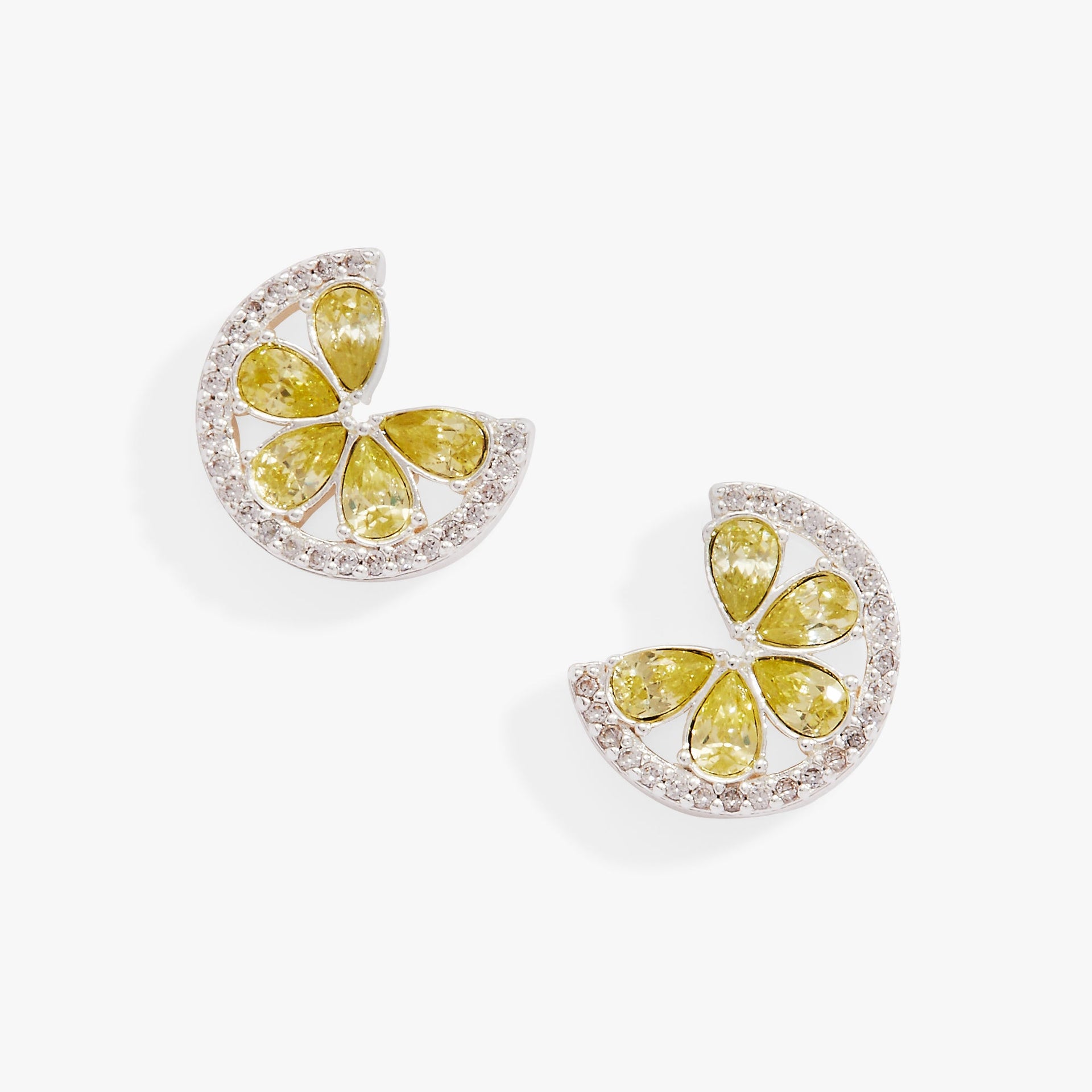 Whimsical lime-shaped stud earrings with light green and clear crystals in silver tone