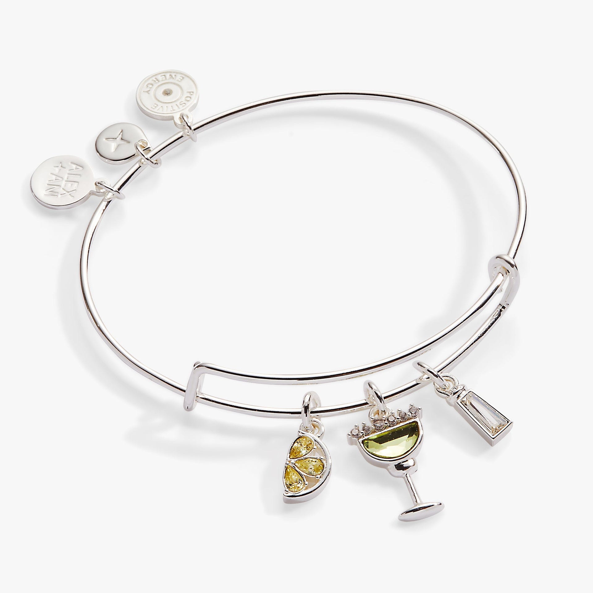 Silver-tone expandable bangle with margarita glass, lime wedge, and salt shaker crystal charms.