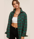 A front view of the Mari Shirt in Green, a cotton-blend button-down shirt.