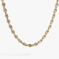 A close-up view of a stainless steel mariner chain necklace featuring polished, interlocking nautical-inspired links.