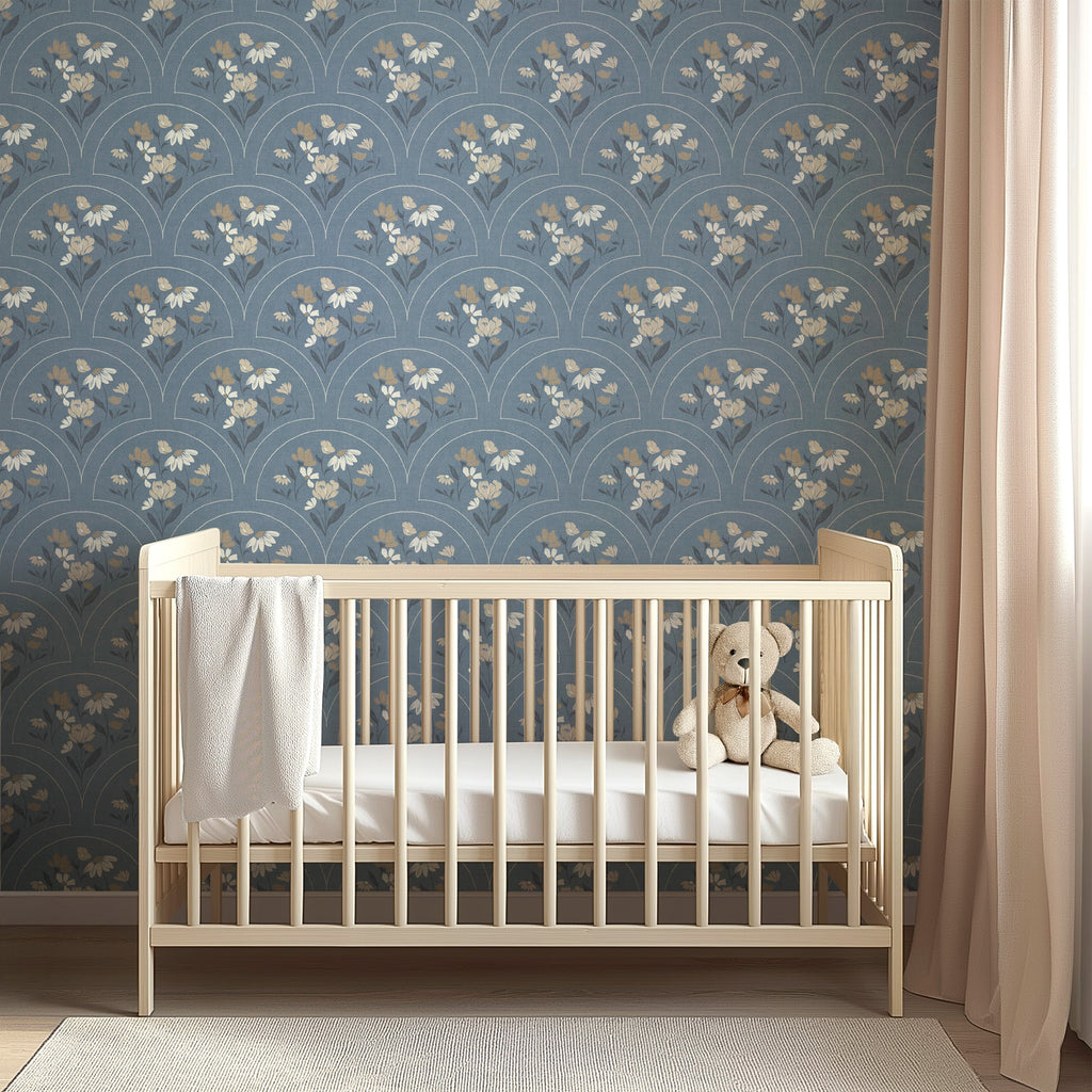 Marlee botanical floral wallpaper in dusty blue, cream, and taupe colors.