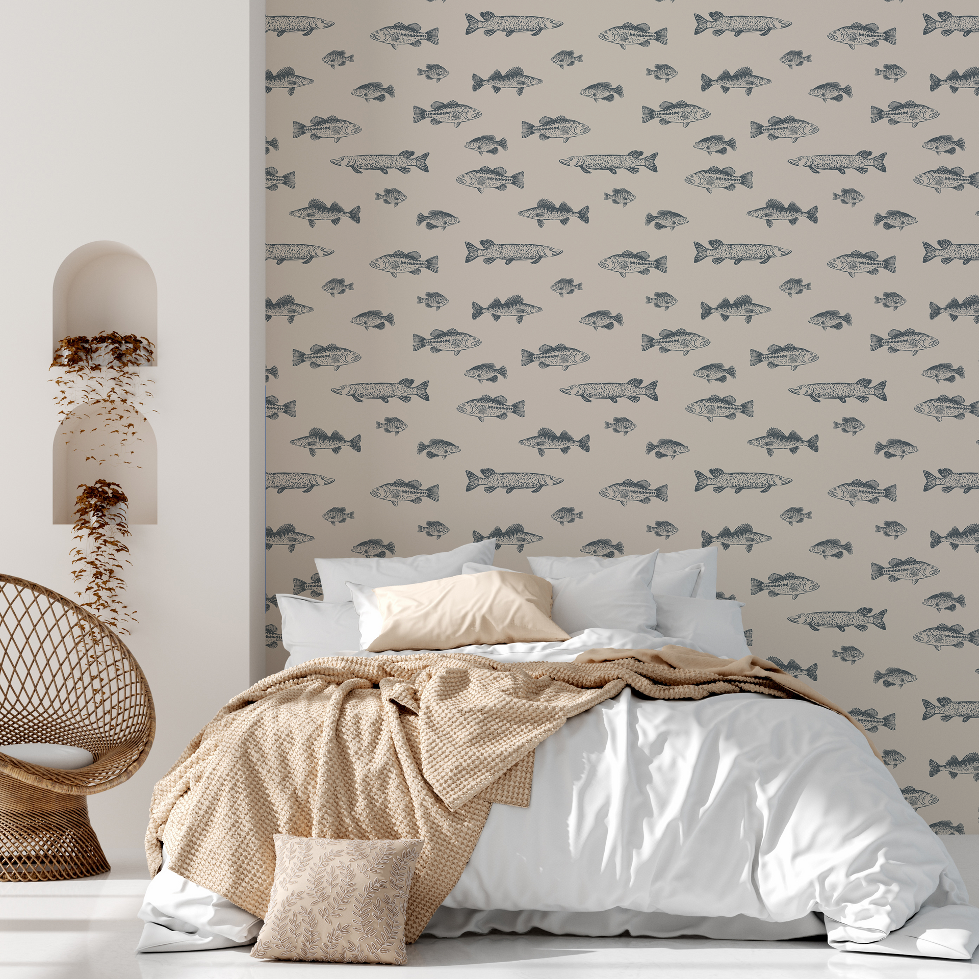 Marlin removable wallpaper in beige and dark-grey with a coastal, rustic, and nautical aesthetic.