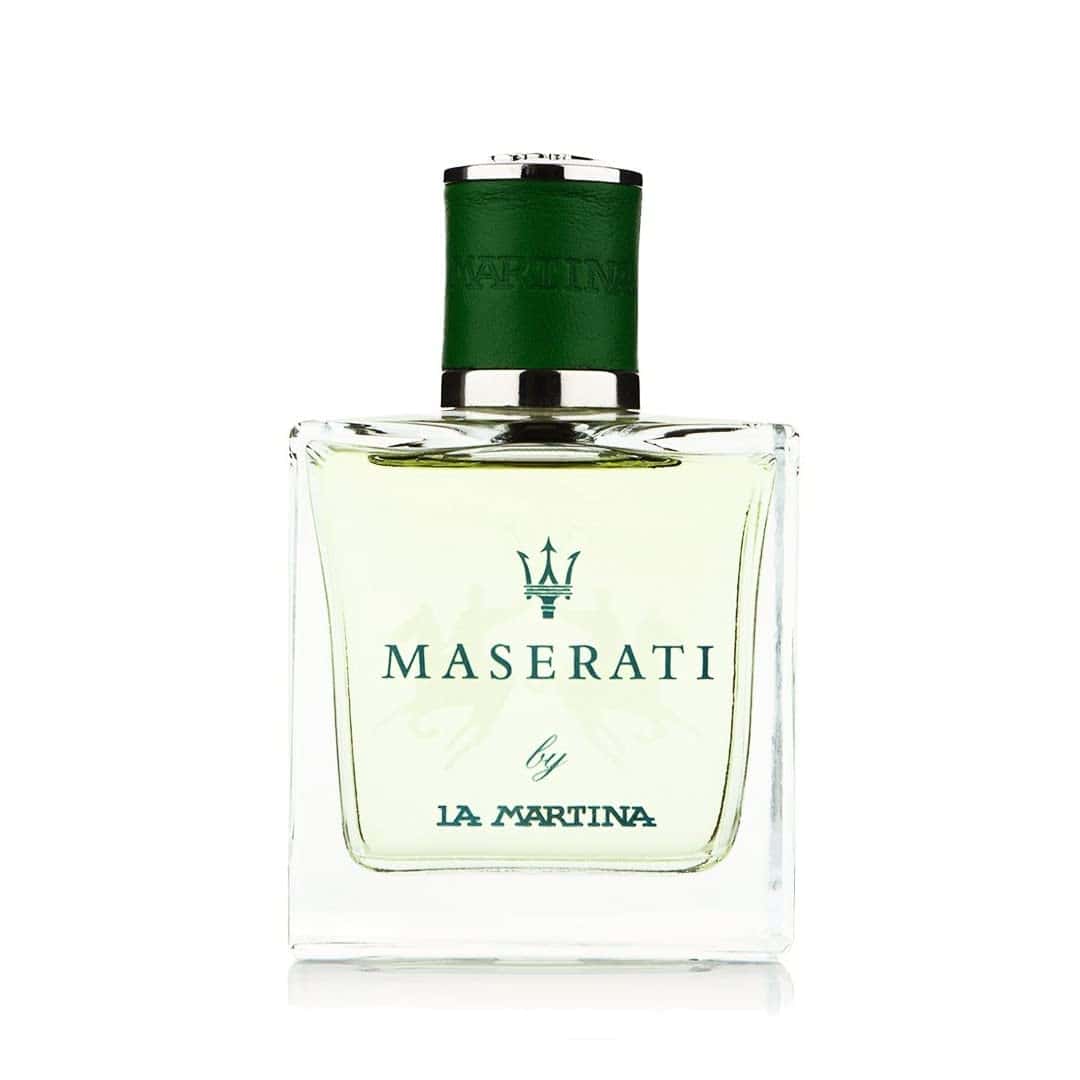 Maserati by La Martina Eau de Toilette 3.4 OZ bottle with clear glass, pale yellow liquid, and dark forest green cap.