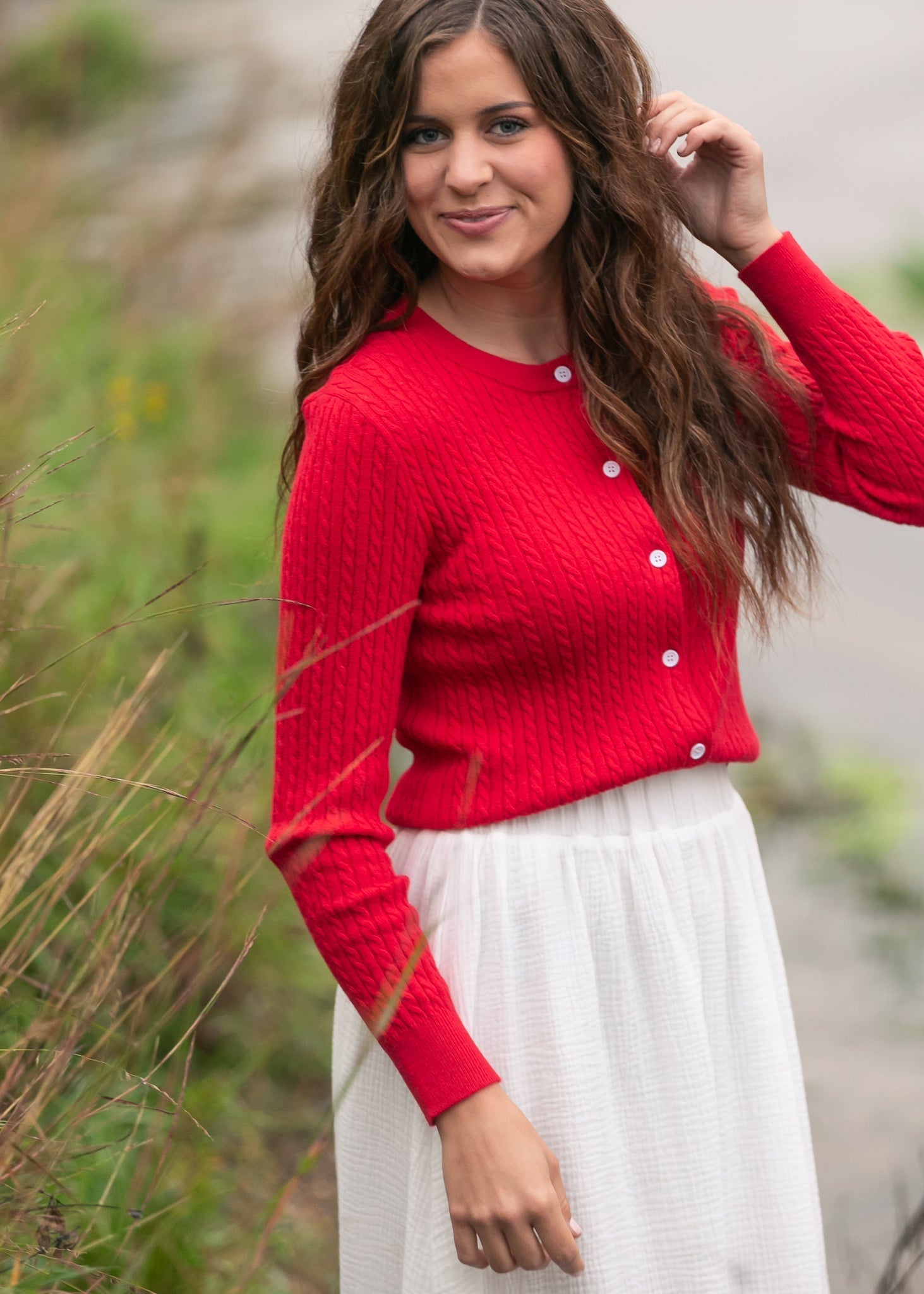 Mason Red Button Up Cardigan | Cable Knit Long Sleeve