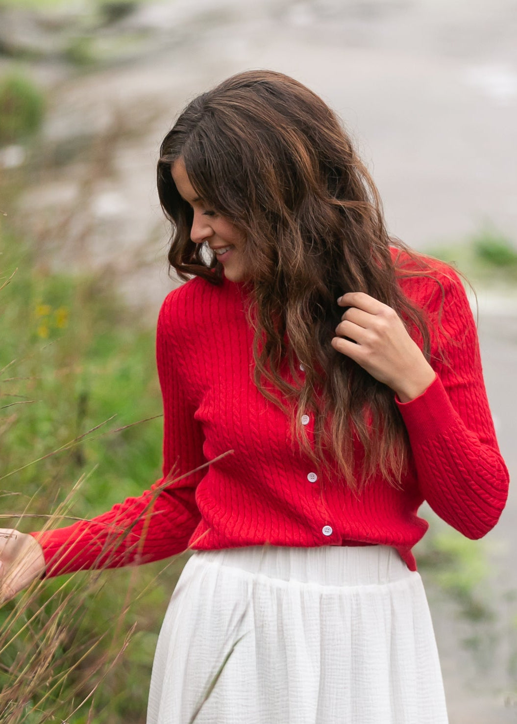 Mason Red Button Up Cardigan | Cable Knit Long Sleeve