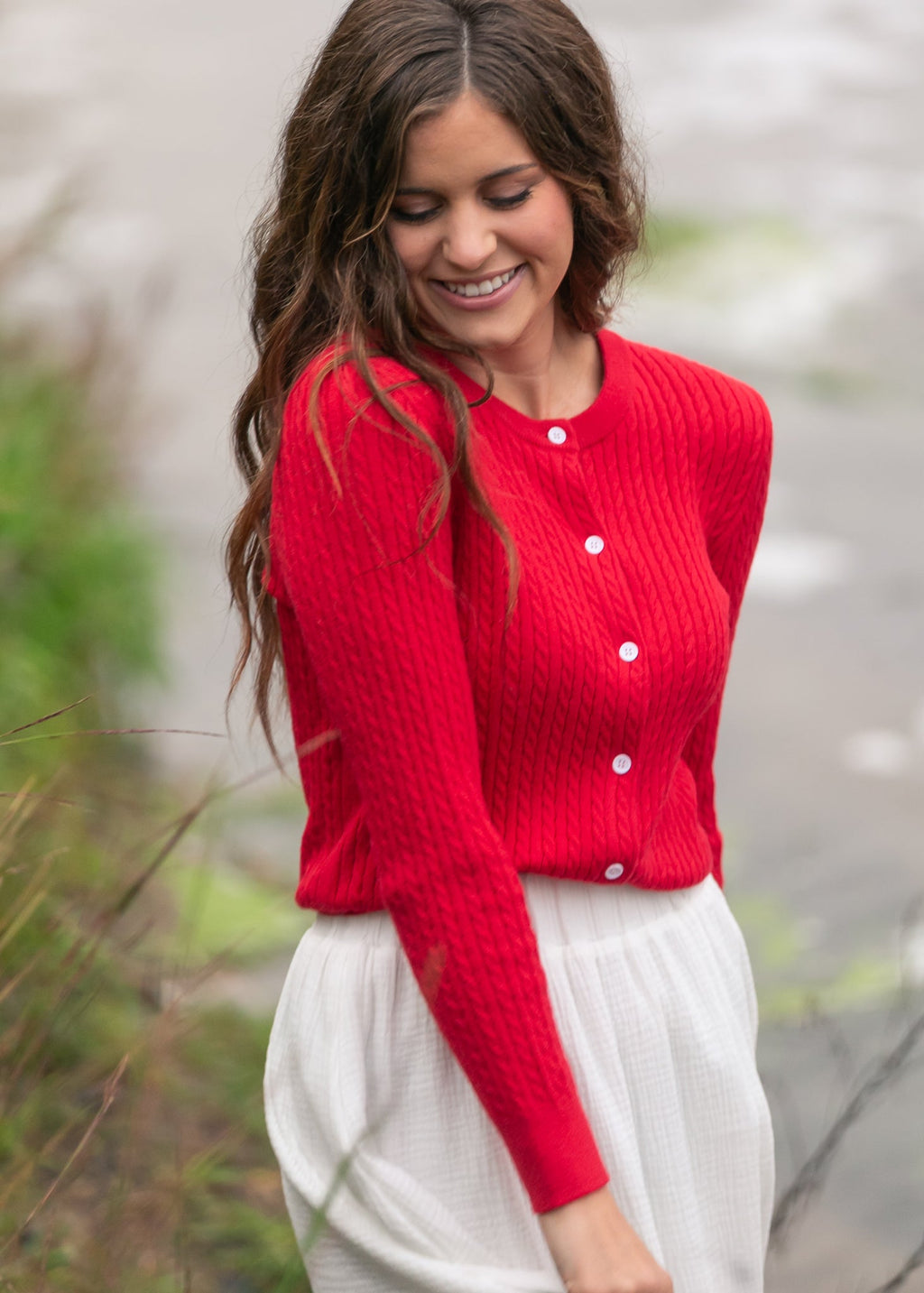 Mason Red Button Up Cardigan | Cable Knit Long Sleeve
