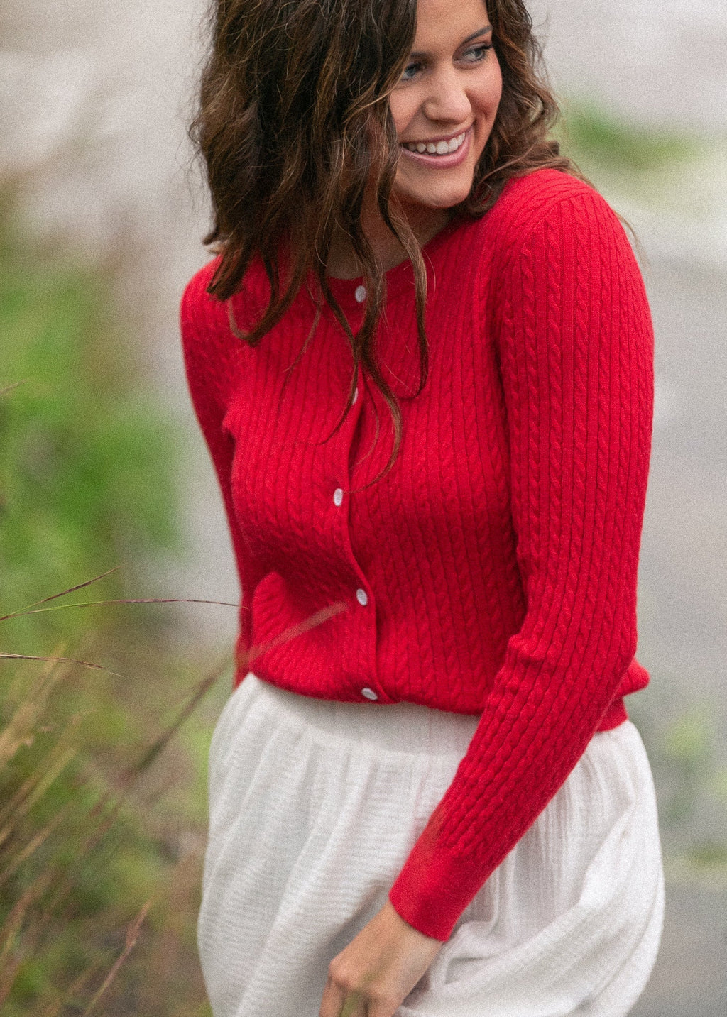 Mason Red Button Up Cardigan | Cable Knit Long Sleeve