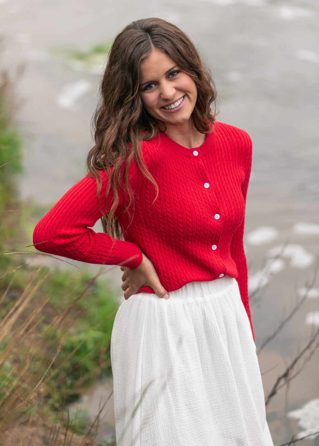 Mason Red Button Up Cardigan | Cable Knit Long Sleeve