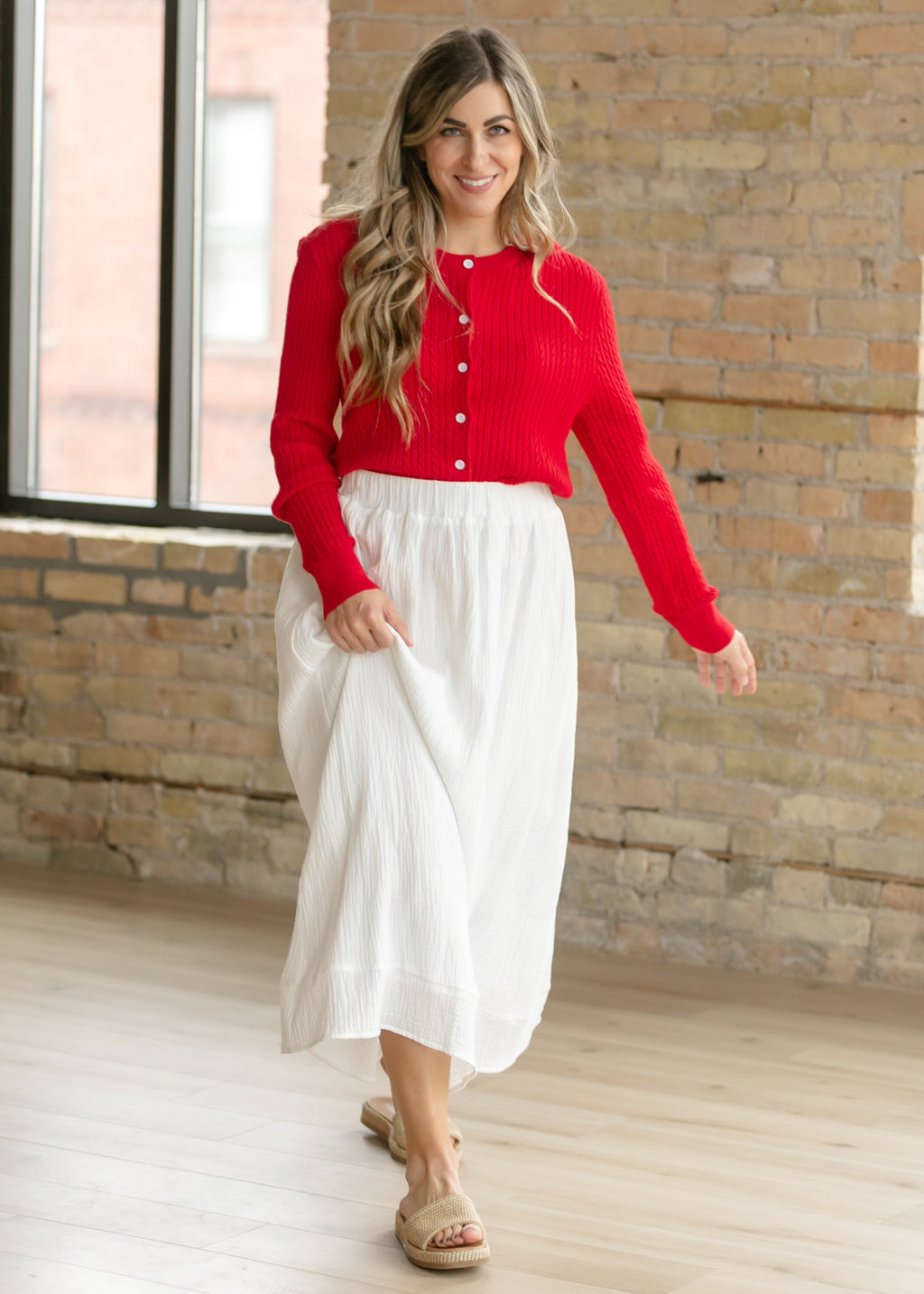 Mason Red Button Up Cardigan | Cable Knit Long Sleeve