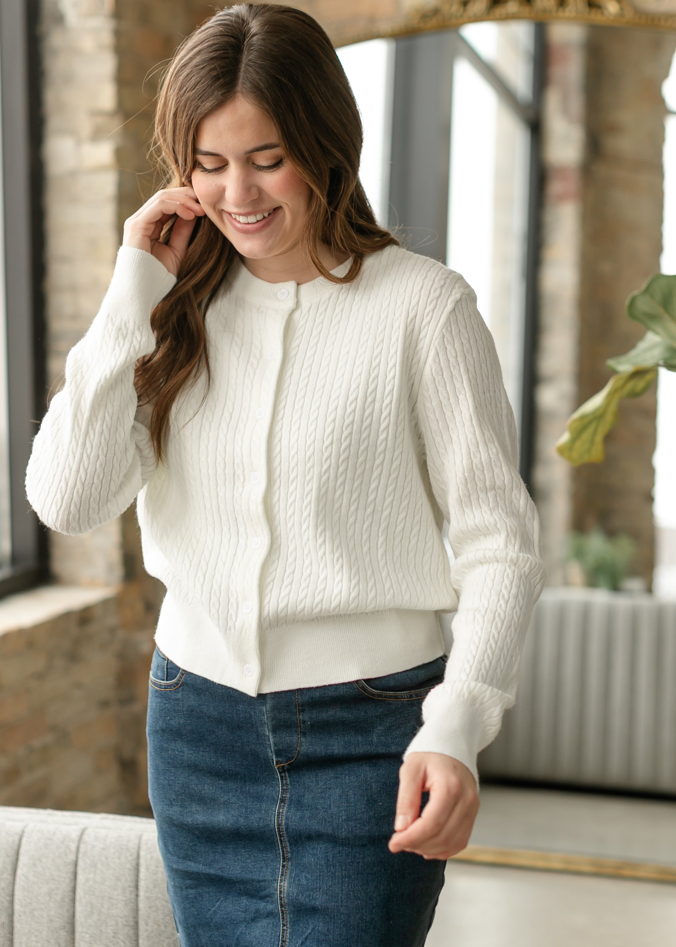 Mason White Button Up Cardigan | Cable Knit Long Sleeve