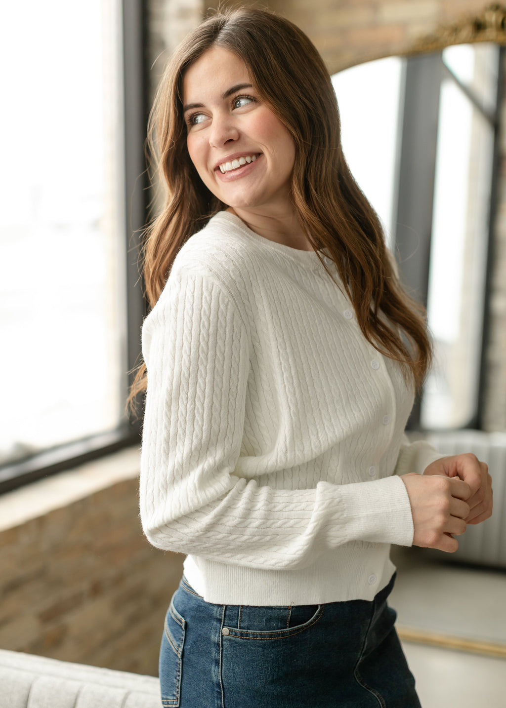 Mason White Button Up Cardigan | Cable Knit Long Sleeve