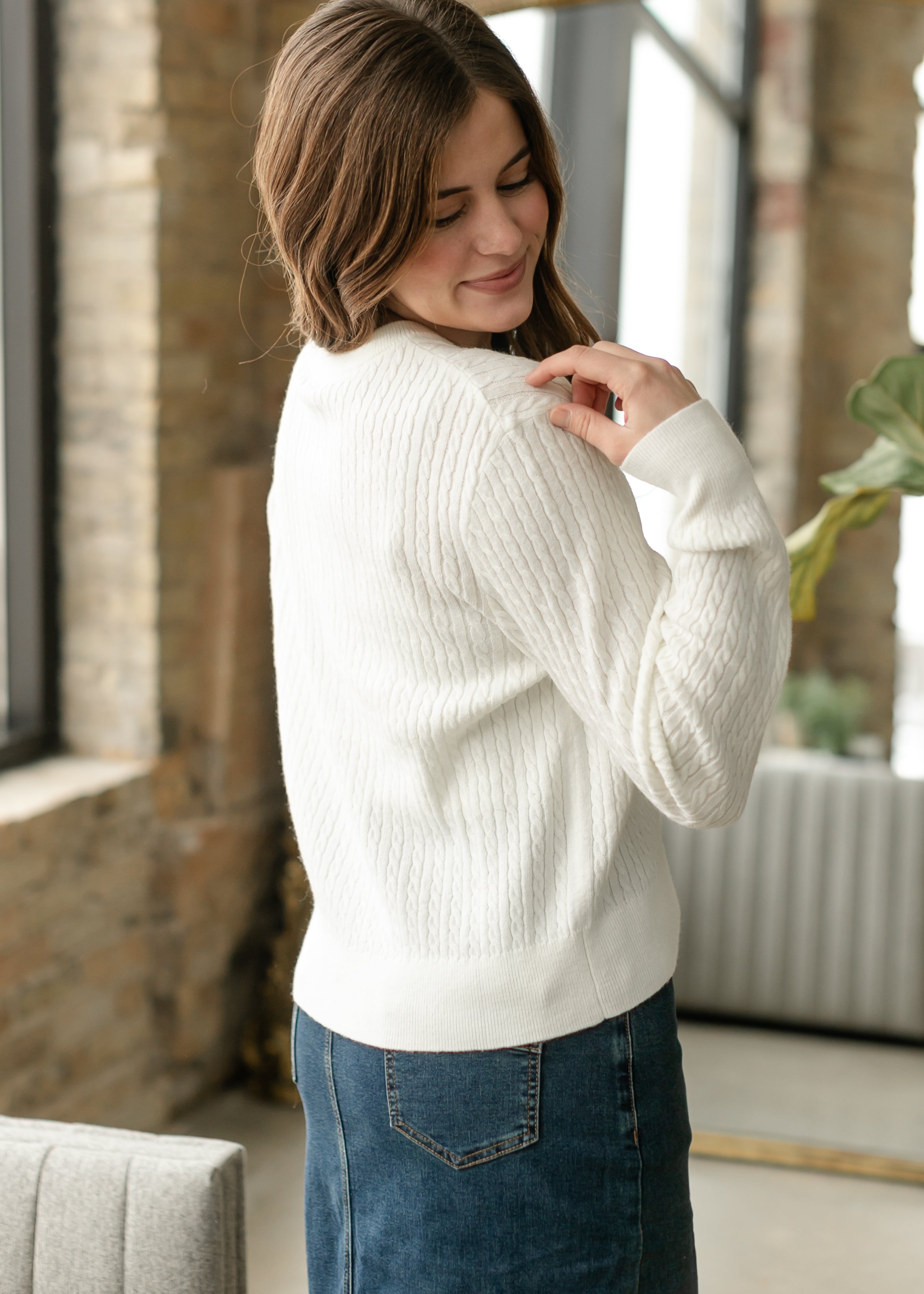 Mason White Button Up Cardigan | Cable Knit Long Sleeve