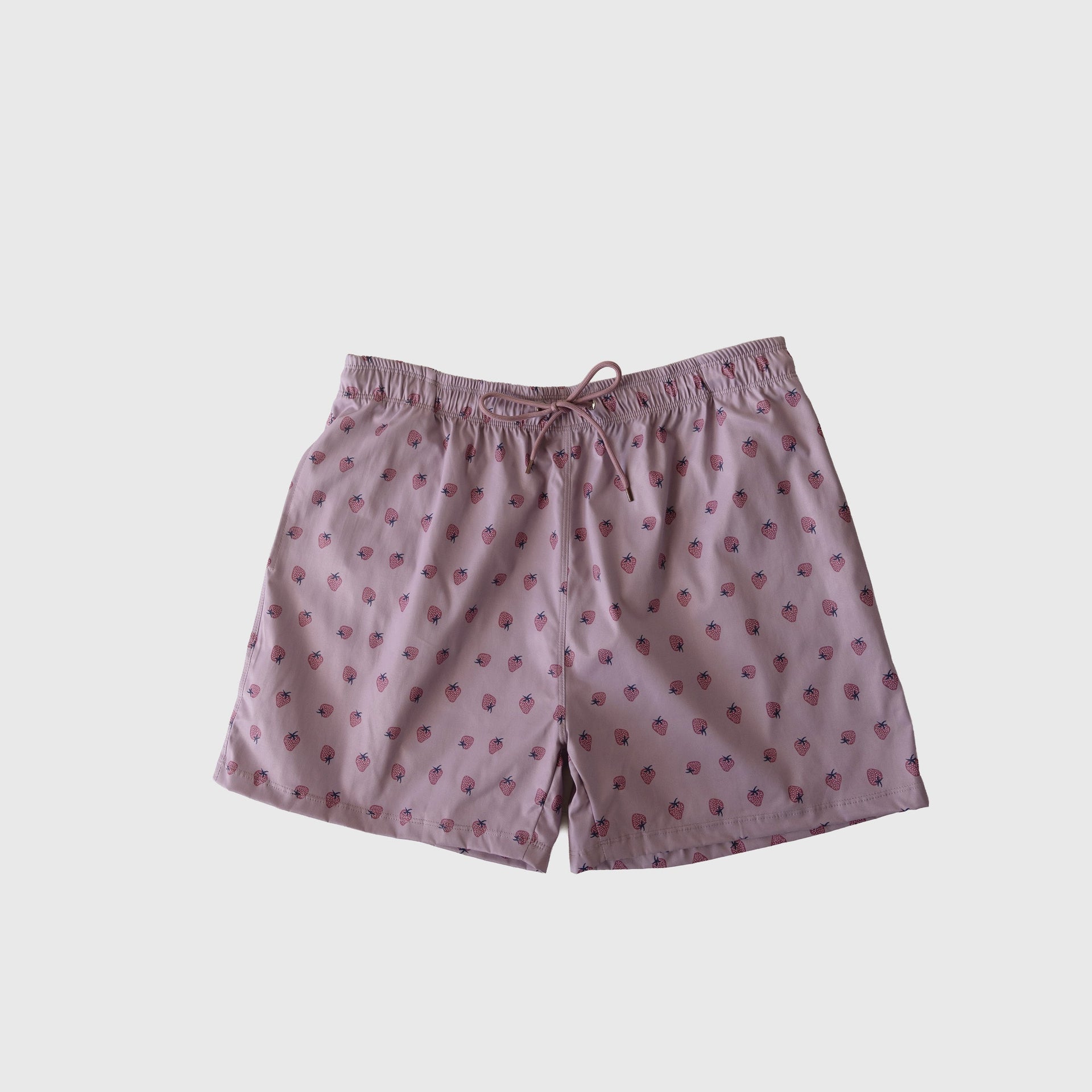 Men's board shorts in dusty-pink and dark-red Matilda print with a drawstring waist