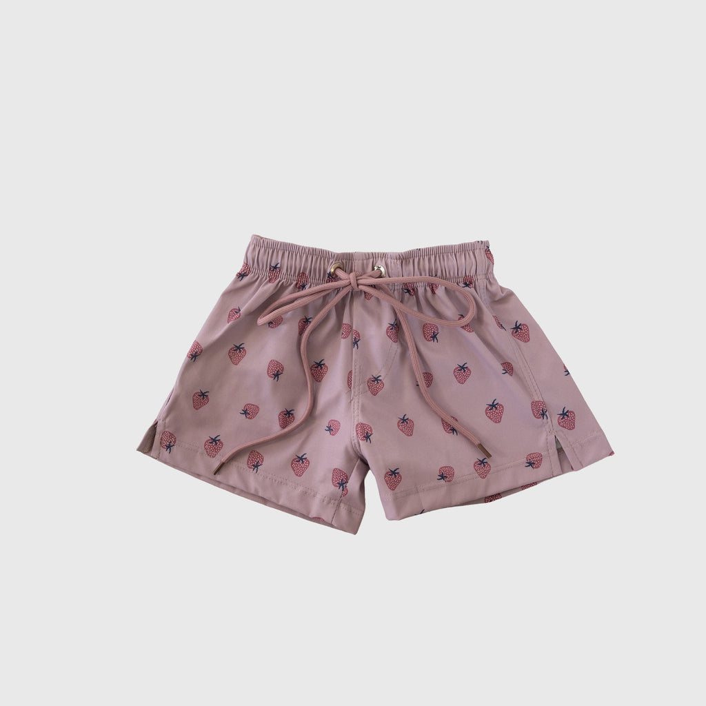 Matilda print board shorts with pink strawberries on a dusty purple background for infants and children