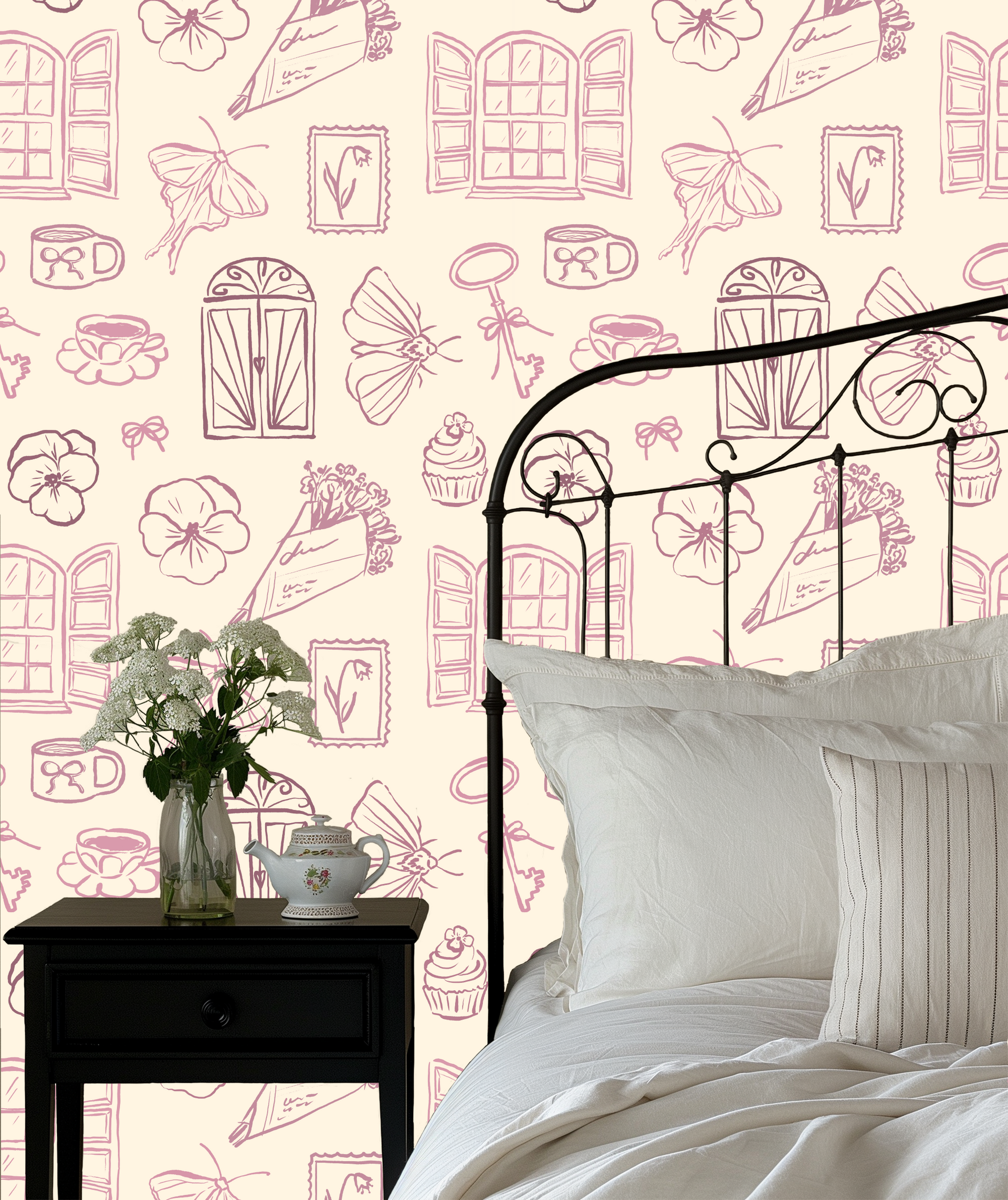 Lucille Cream and Black Removable Wallpaper Vintage Illustrative