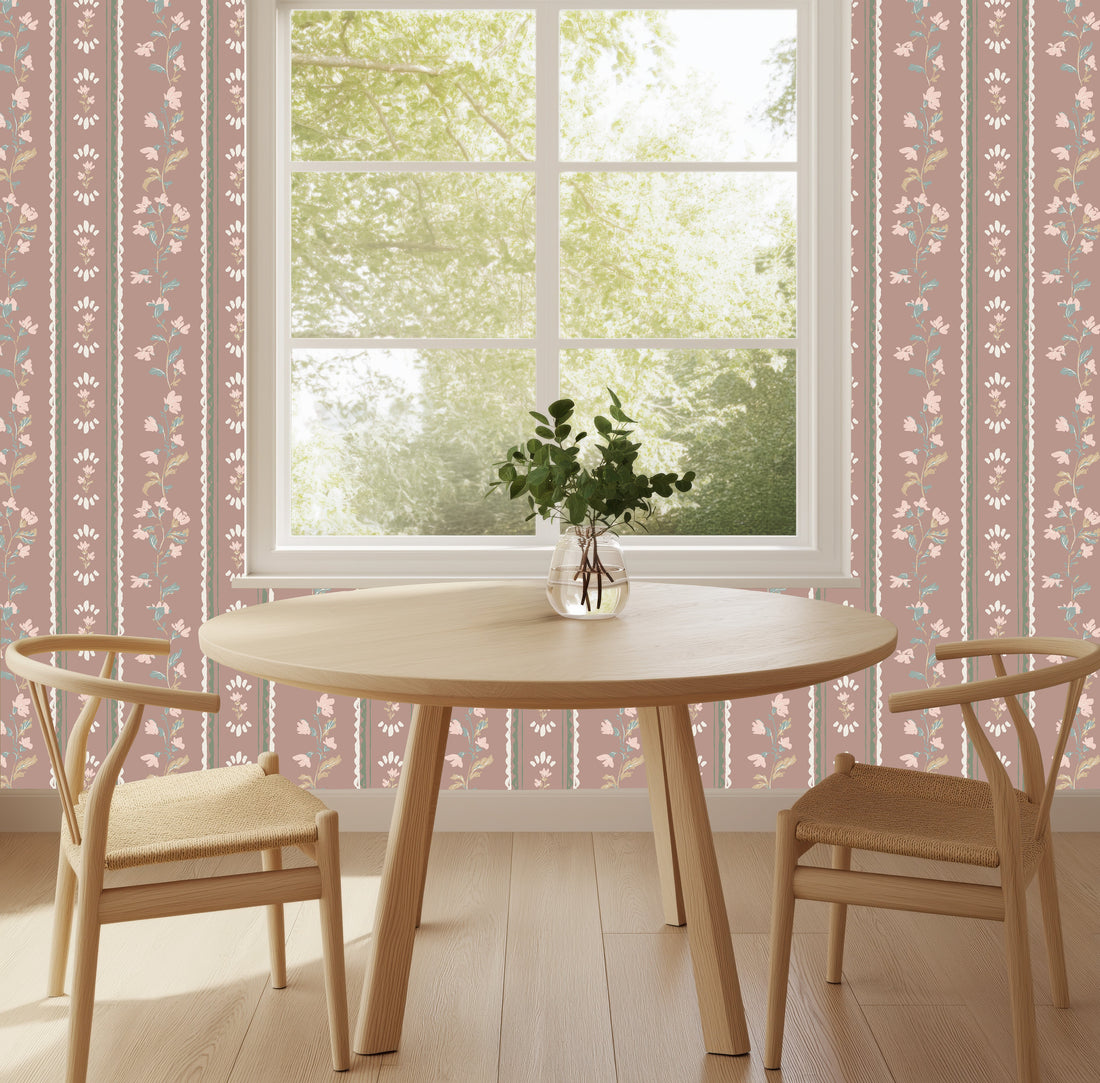 Peri floral wallpaper featuring dusty-rose, sage-green, and cream vintage patterns.