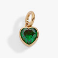 May birthstone charm featuring an emerald green heart-shaped crystal in a polished bezel setting