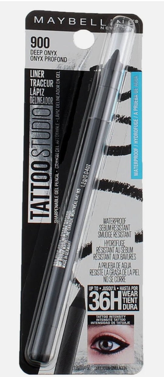 Maybelline Tattoo Studio Eyeliner 900 Deep Onyx in black packaging for precise eye lining.