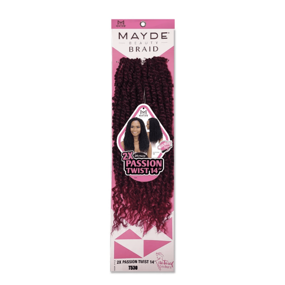 Close-up of 18-inch burgundy passion twist braiding hair with natural texture