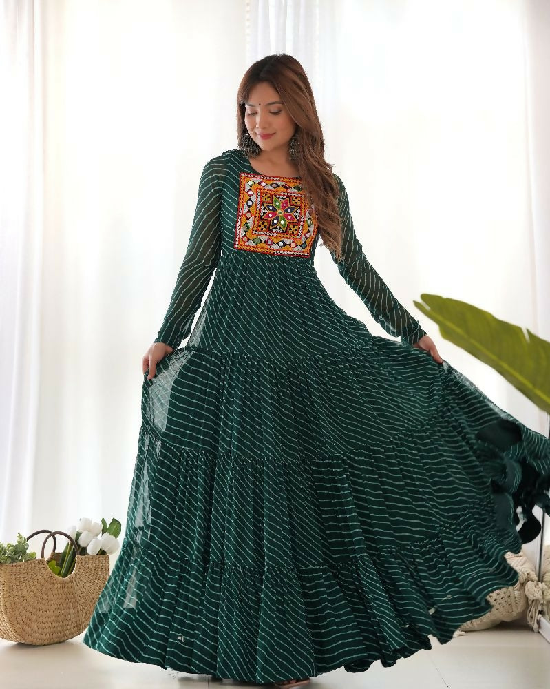 Bottle Green Chanderi Kurta Set with intricate sequin embroidery and georgette dupatta