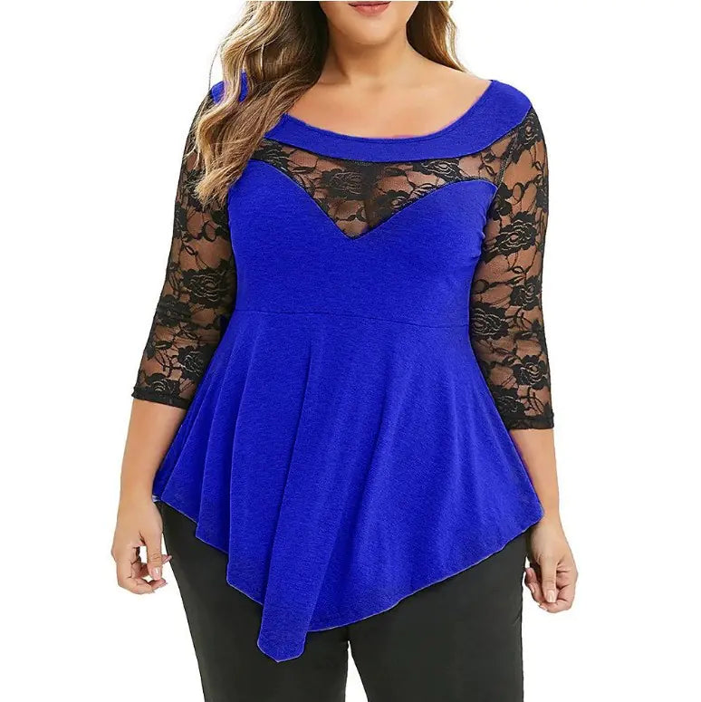 Spring Plus Size Floral Lace Top with Sheer Hem