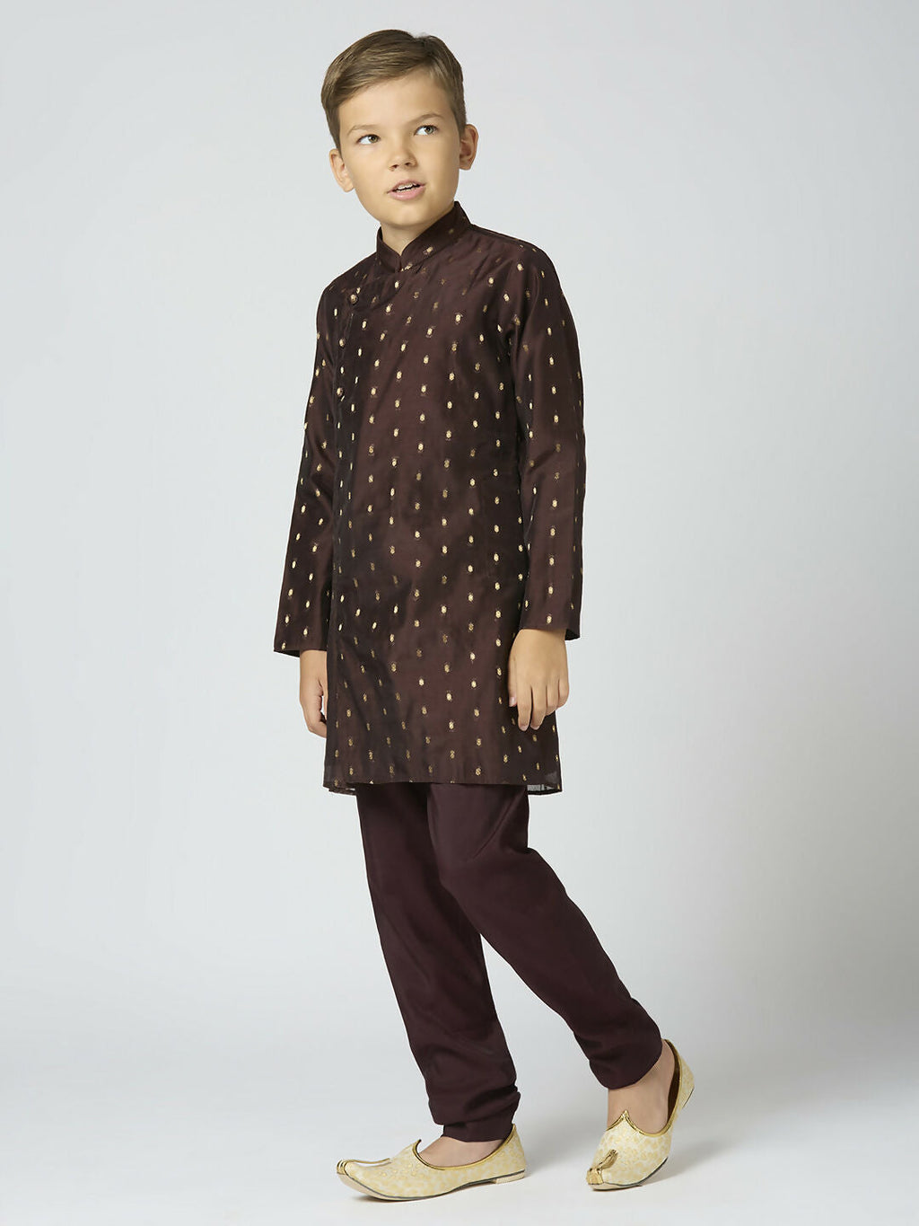 Boys Brown Chanderi Kurta and Pyjama Set with Butta Work