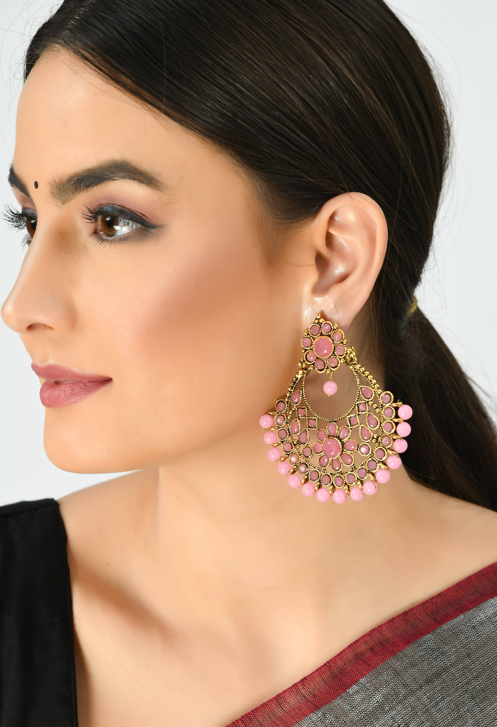 Golden and Pink Beaded Dangle Earrings for Festive Wear