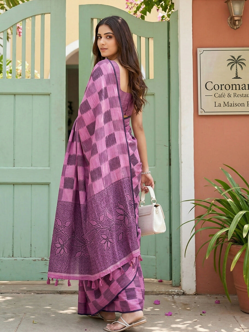 Purple Linen Cotton Saree with Matching Blouse Piece
