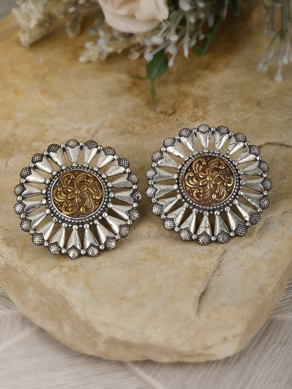 Dual Tone Brass Round Earrings with Intricate Stone Detailing