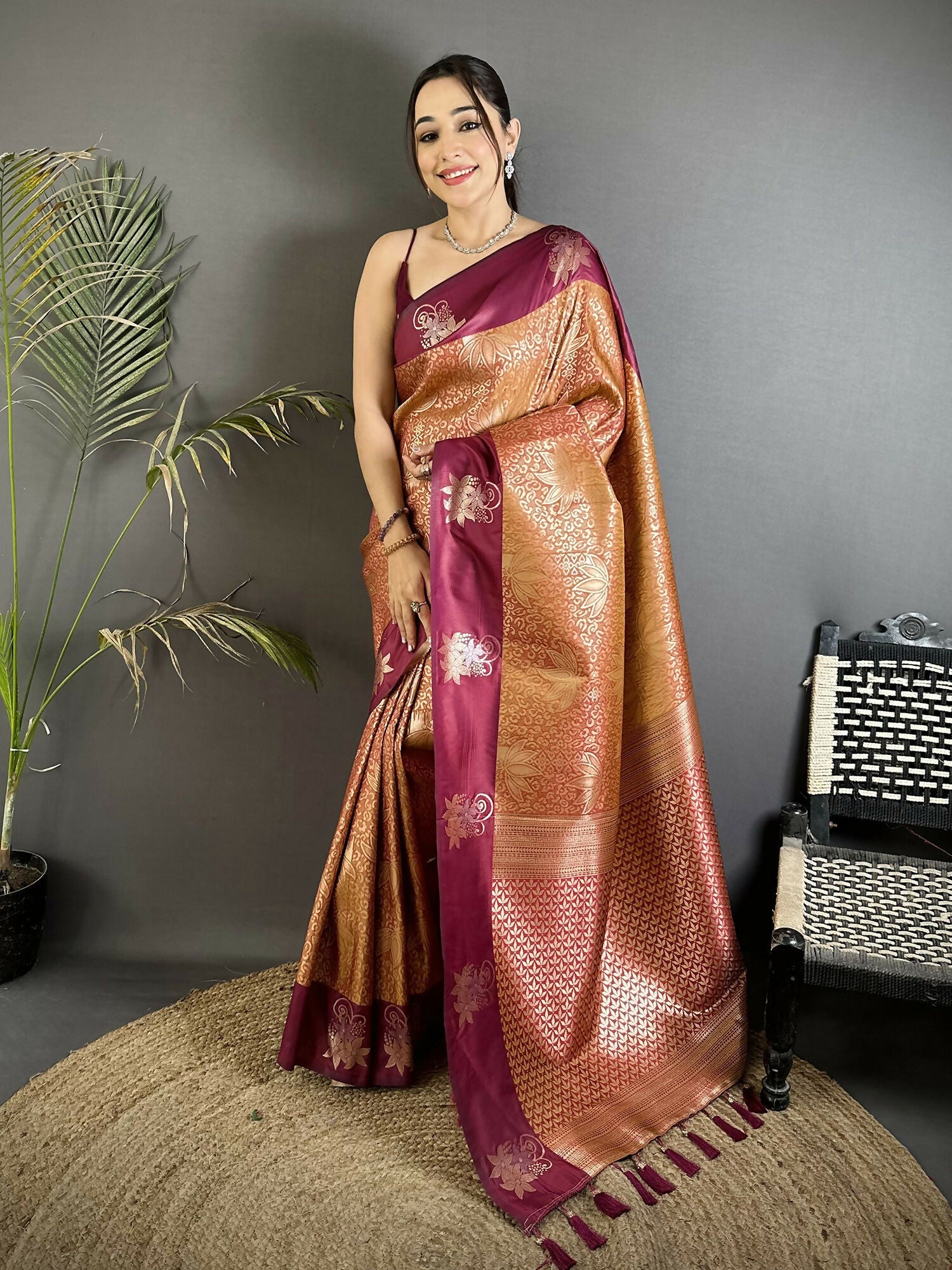 Wine colored Dharmavaram Soft Silk Saree with traditional Zari weaving and matching blouse