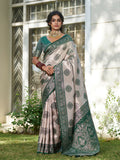 Cream and dark green silk blend saree, elegant traditional attire.