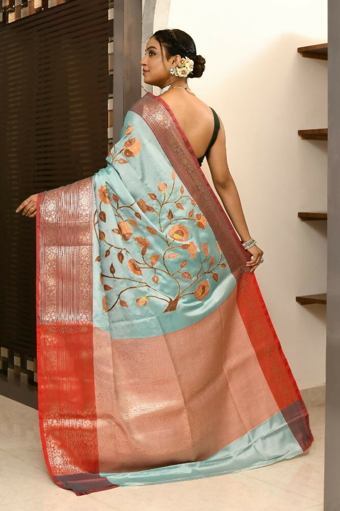 Joban Fashion CGren & Orange Saree Kataan Applick Witch Mirror