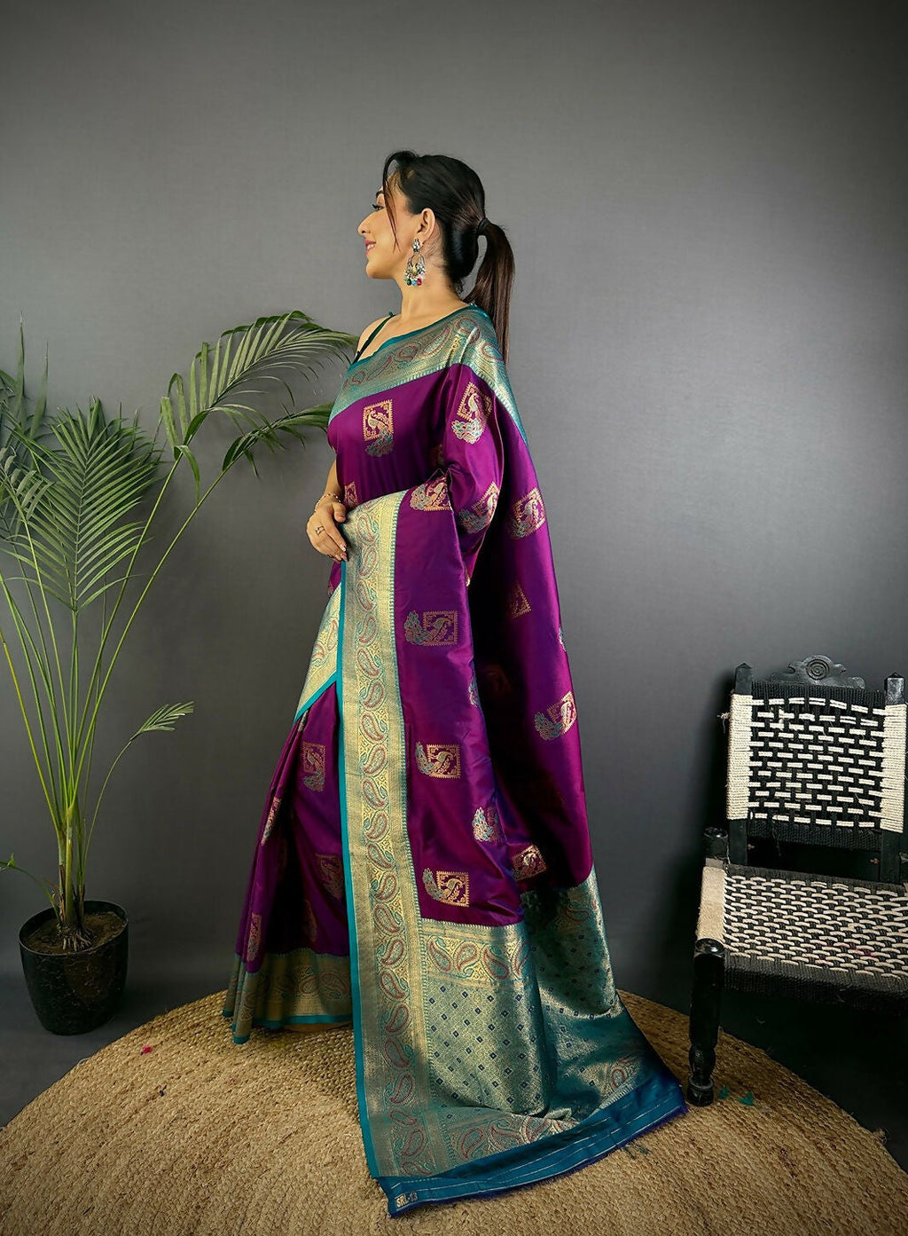 Blue Peacock Banarasi Silk Saree with Unstitched Blouse