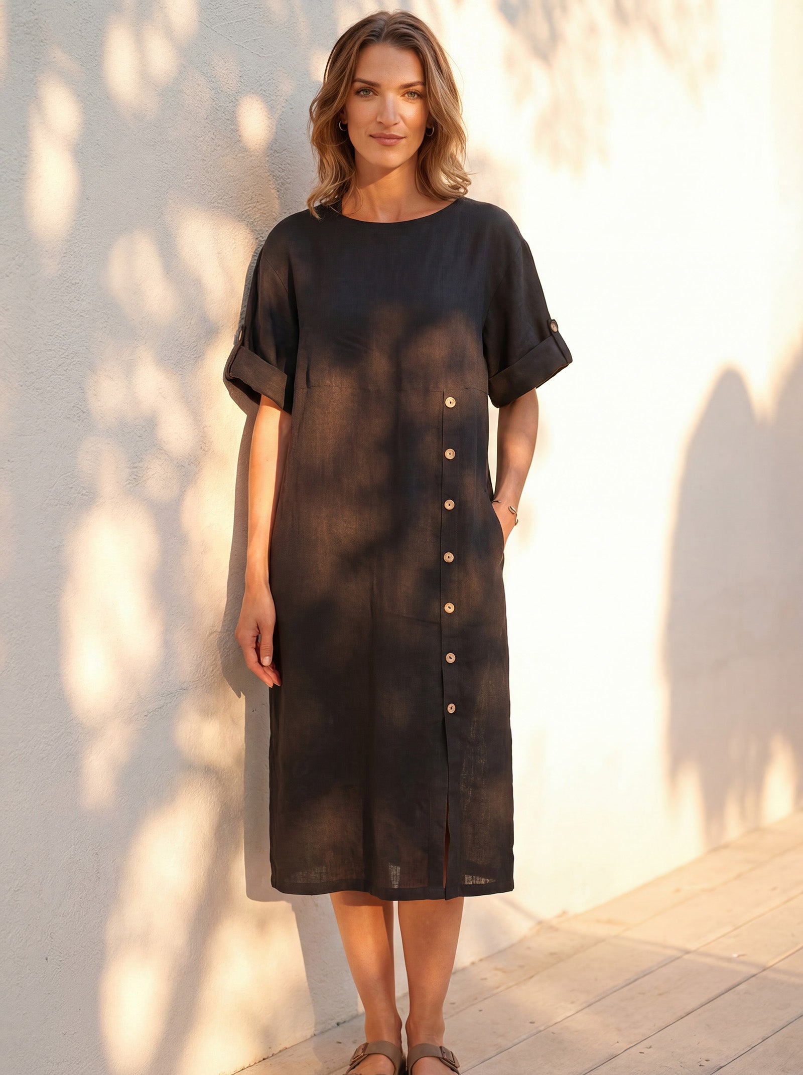 100% Linen Round Neck Button Detail Midi Dress JELENA