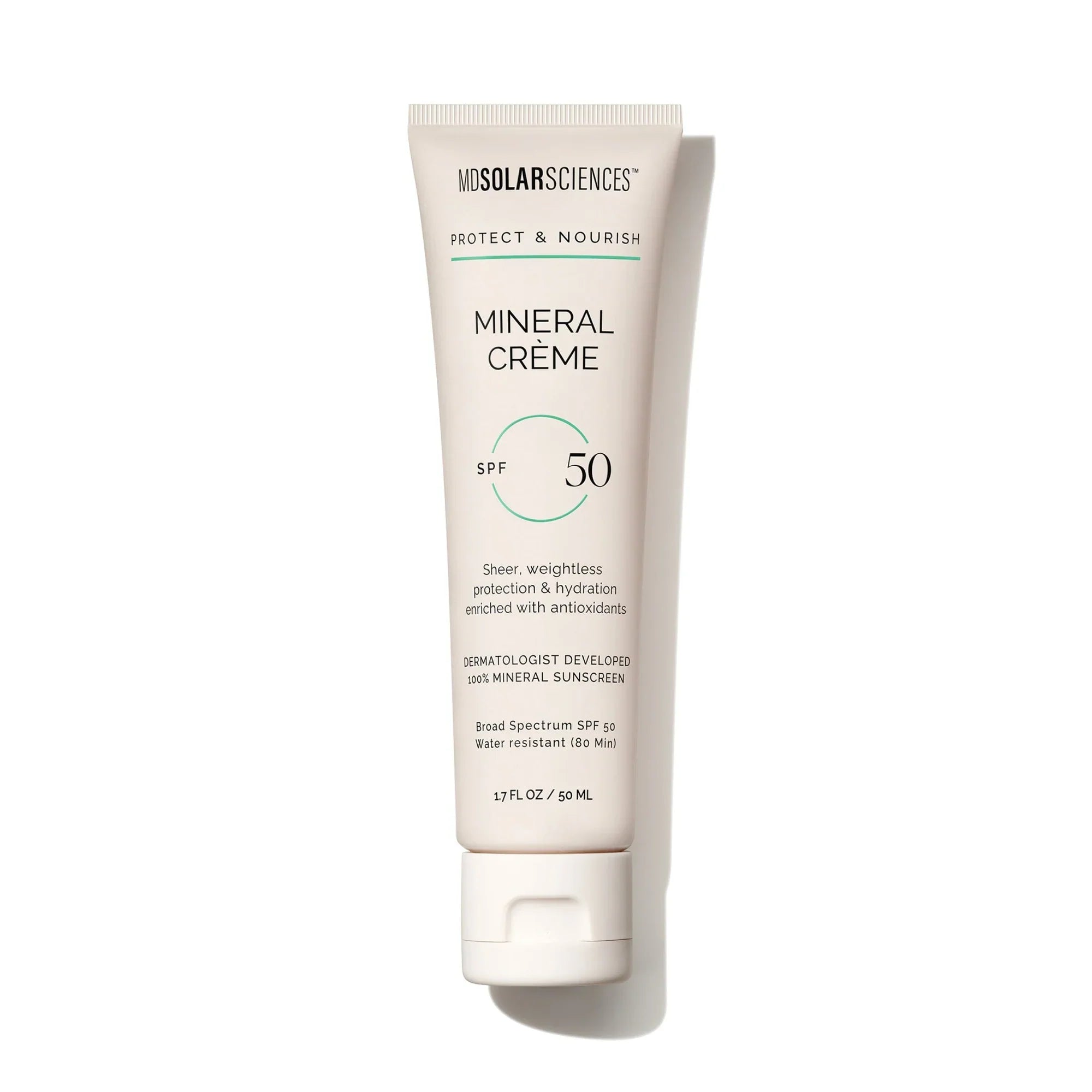 MDSolarSciences Mineral Crème SPF 50 tube in minimalist white and green packaging