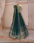Bottle green faux georgette lehenga with mirror and zari detailing