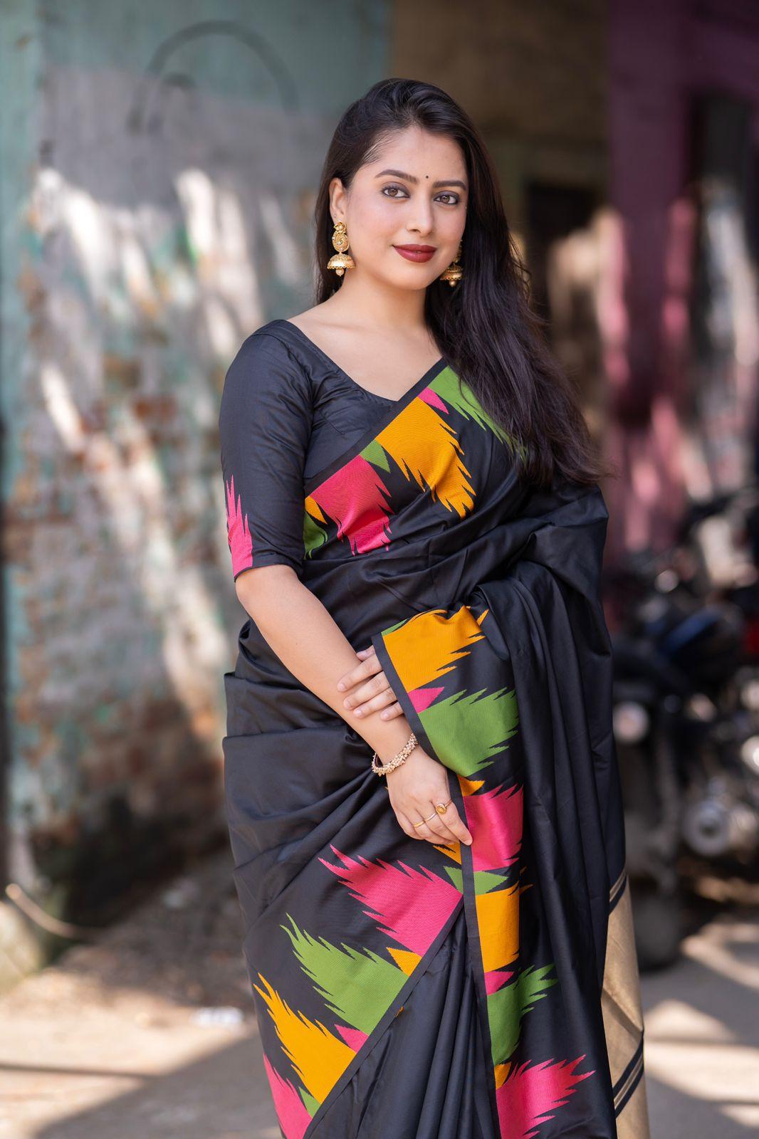 Black Polycotton Saree with Temple Woven Design and Ivory Blouse