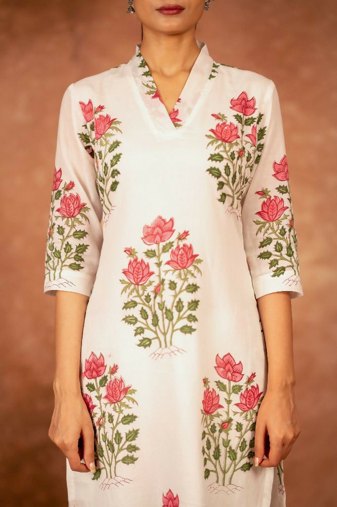 Off White Red Hand Block Printed Cotton Suit Set