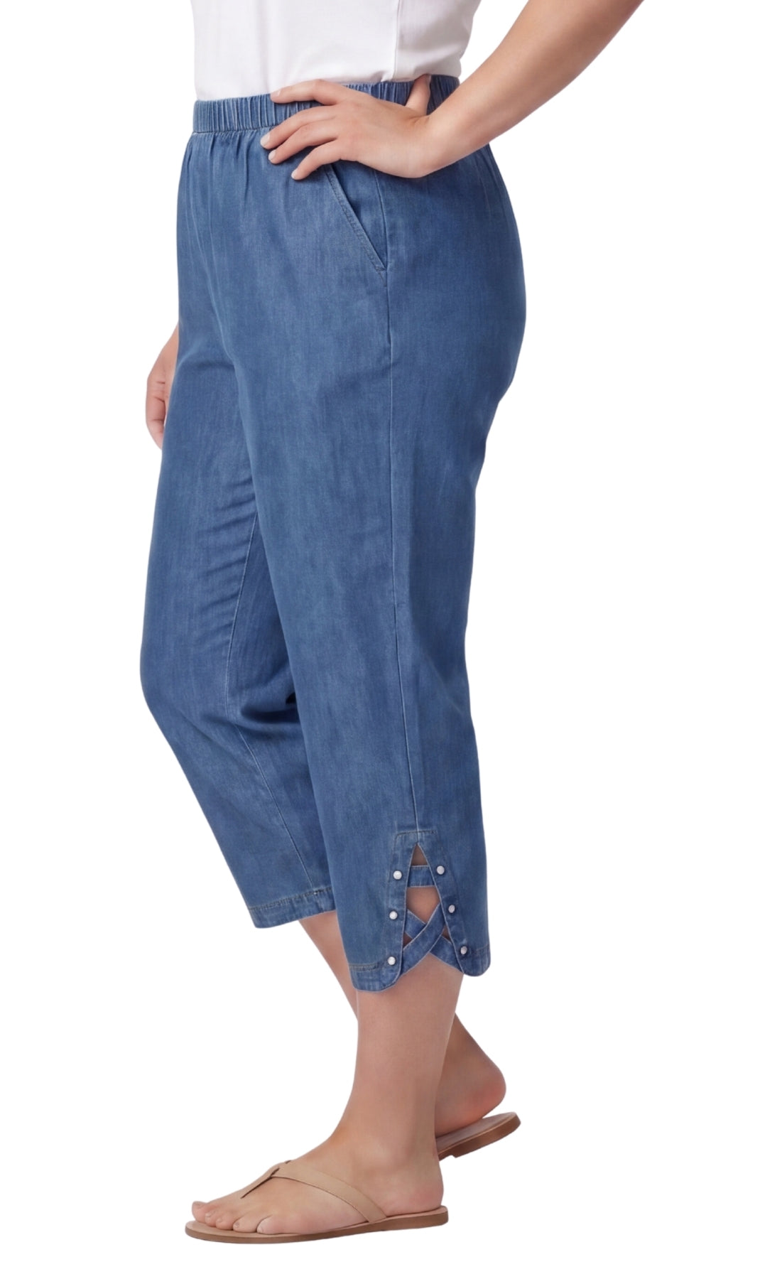 Women's Lightweight Denim Capri Pants with Studded Hem Detail