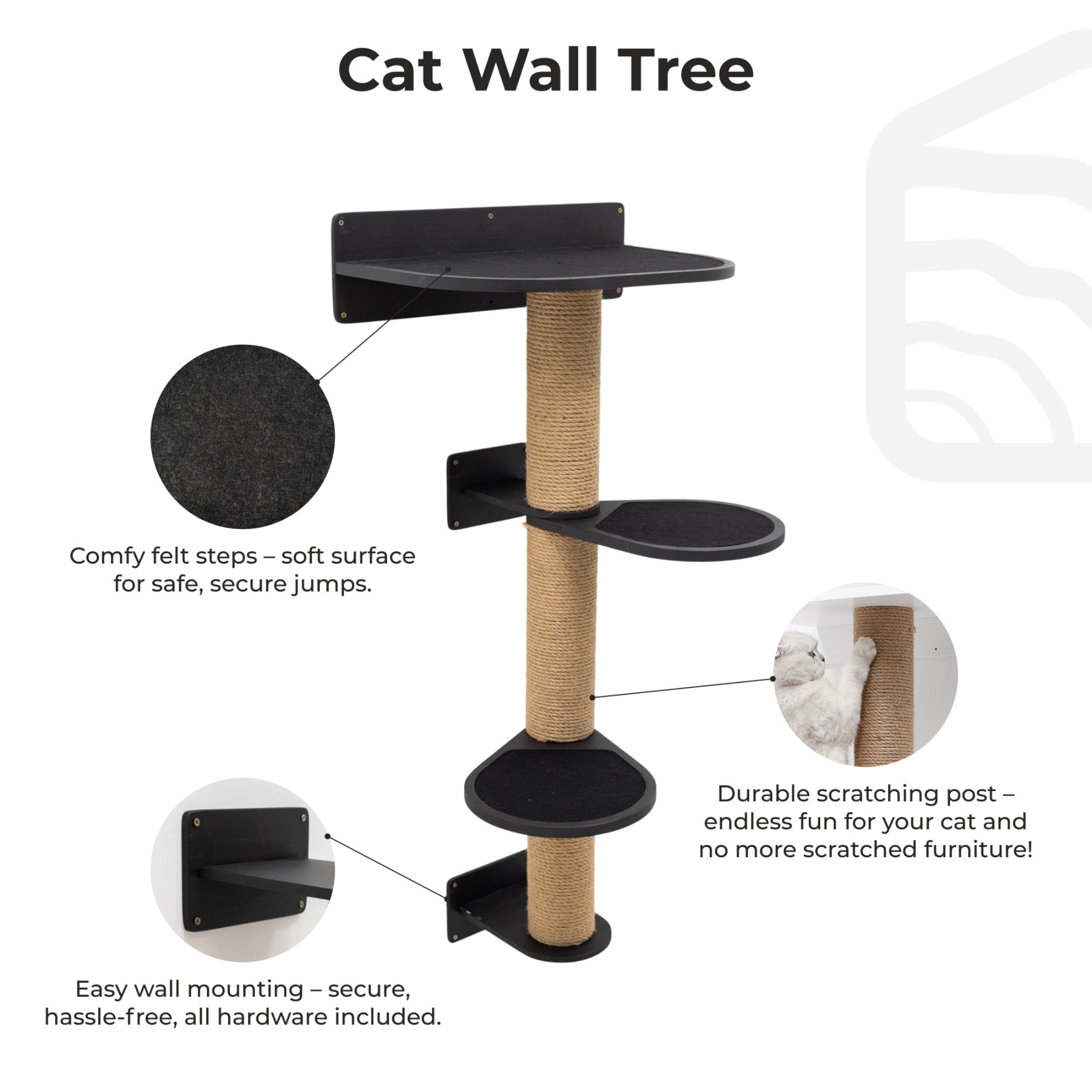 Medium Cat Tree in Black – Modern Sisal Scratching Post & Lounge