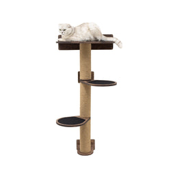 Medium cat tree in dark walnut wood finish with multiple levels for climbing and resting.