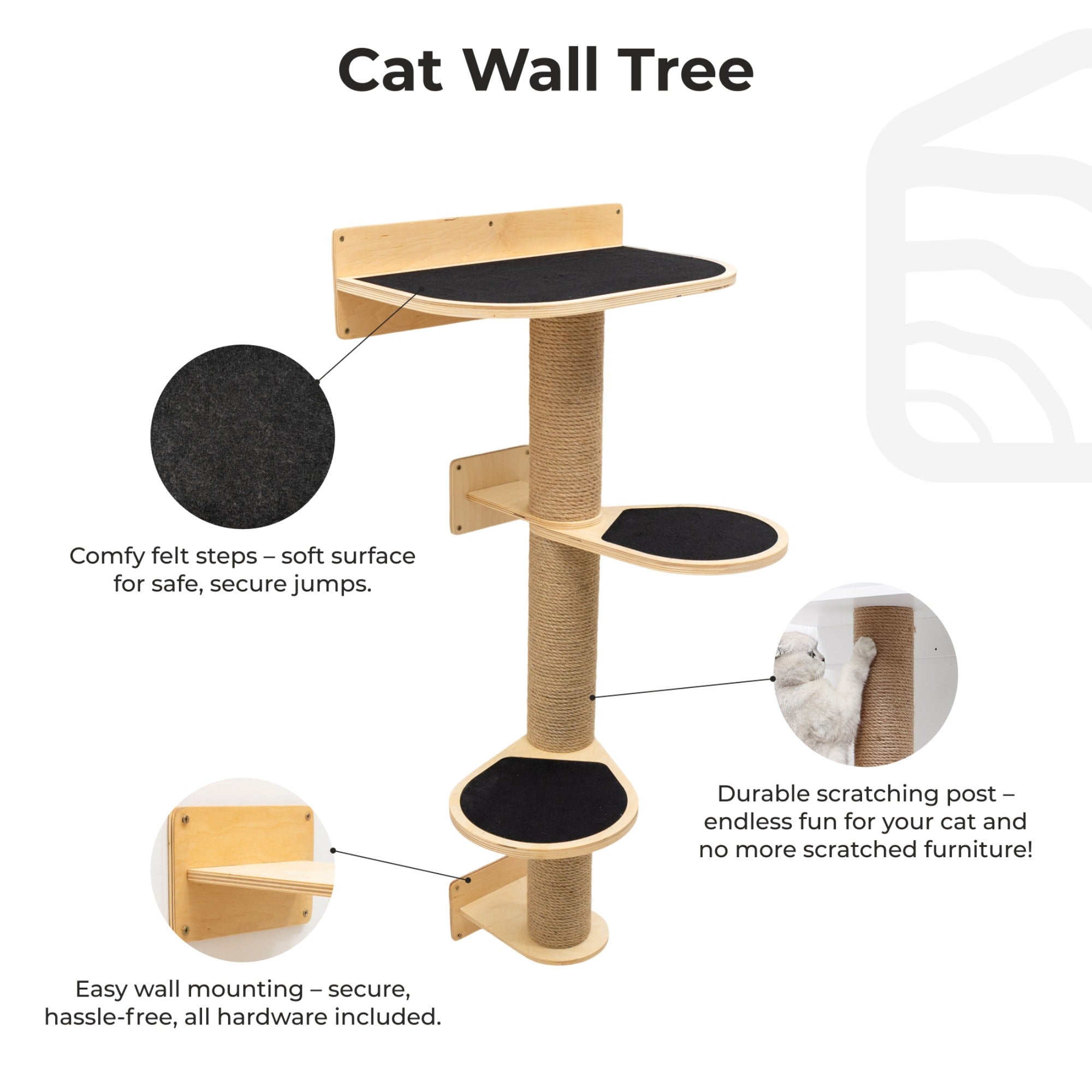 Medium Cat Tree – Light Wall-Mounted Plywood Scratching Tower